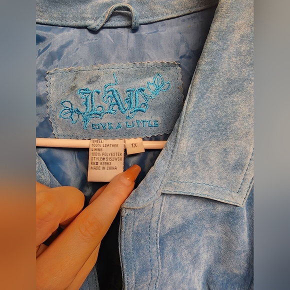 Vintage Live A Little Blue 100% Leather Button Jacket Women, Size 1X - Picture 2 of 3